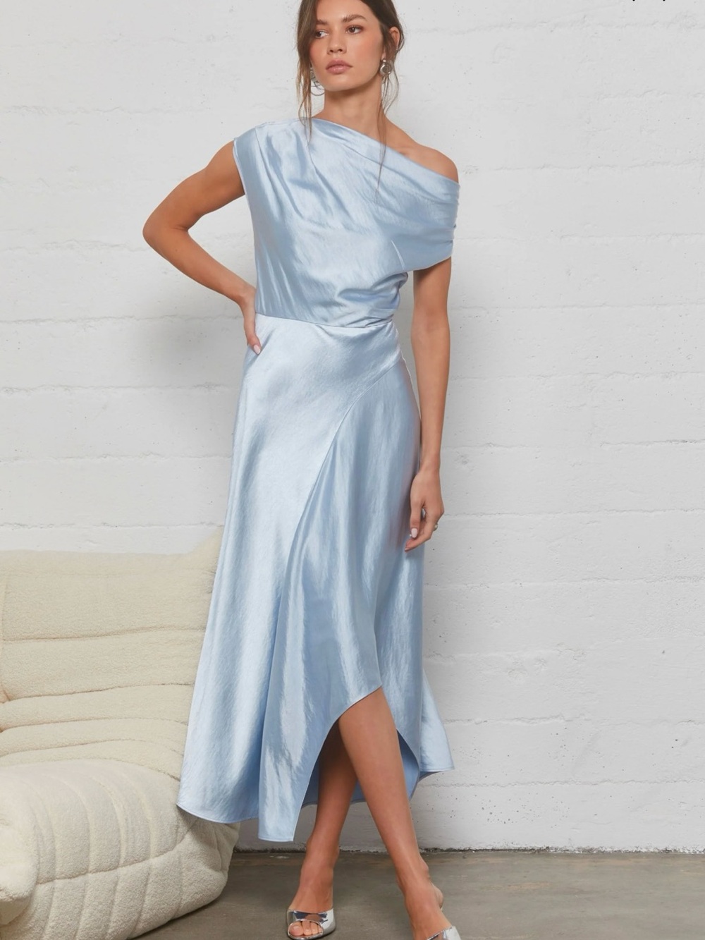 Astr Asymmetrical Satin Midi Dress - Light Blue - Picture 3 of 4